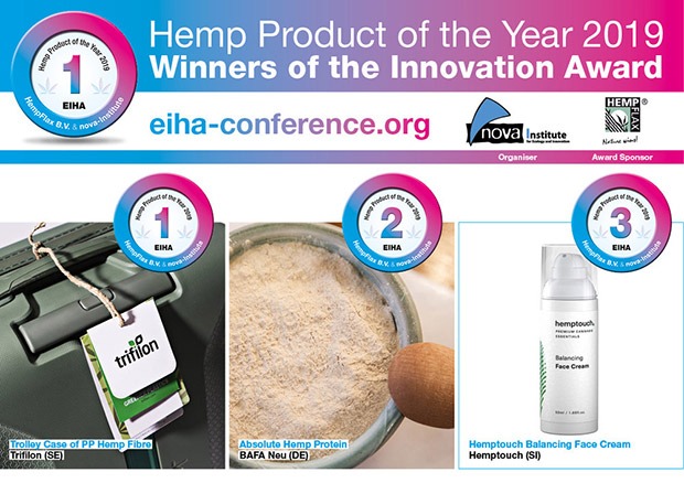 Winners of the 2019 EIHA conference Product Innovation Awards, including luggage made from hemp and nutrient rich hemp protein powder at Coffeeshop Guru